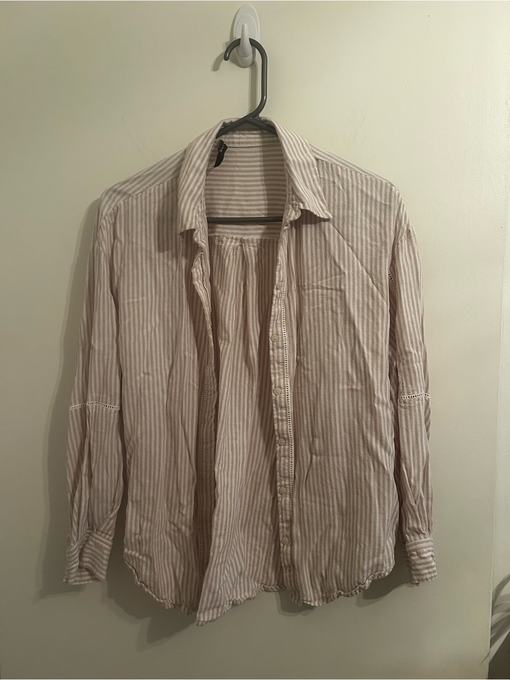 Black Tape_ Striped Button-Down Shirt in Beige and White